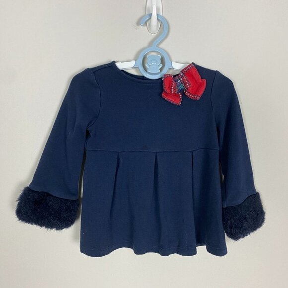 Janie & Jack Christmas Holiday Shirt Top 18-24 Months Fur Cuffs Blue - Picture 1 of 6